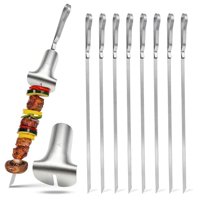 SOLEADER Stainless Steel Skewers for Grilling - 17 Inch Metal Kabob Skewers with Pusher Handle, Dishwasher Safe, for Chicken Beef Shrimp Veggie BBQ & Camping 9-Pack