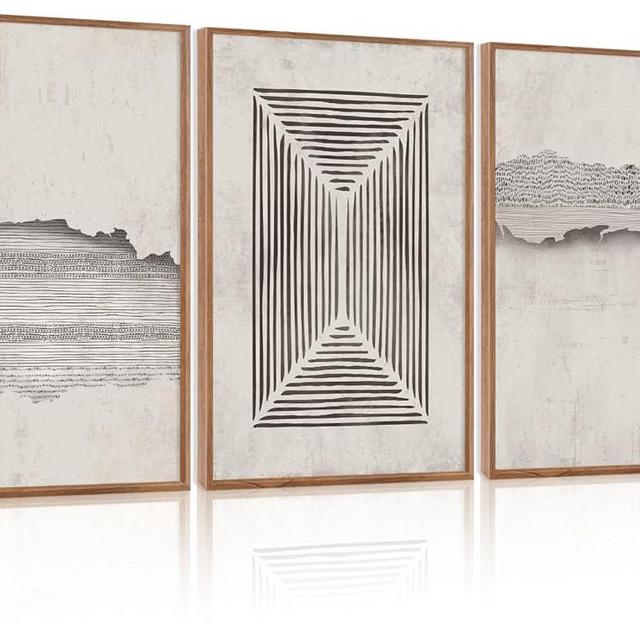CHDITB Abstract Minimalist Framed Canvas Wall Art Set Of 3, Modern Mid Century Wall Decor, Geometric Line Textured Inspired Artwork, Neutral Art Print For Living Room Office Bedroom Decor (12X16 Inch)