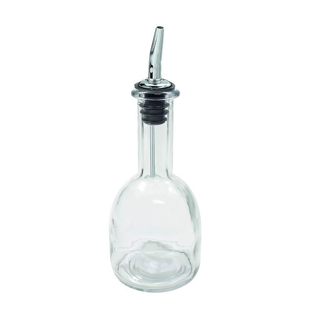 Tablecraft 10404 10 oz Glass Bottle Clear Glass, Stainless Steel Pourer 3¼ x 3¼ x 8¼"