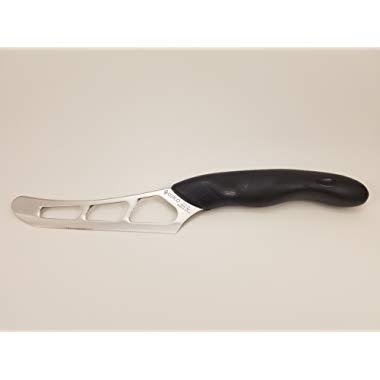Model 1504 CUTCO Cheese Knife w/ 5.5" Micro-D® serrated edge blade & 5" black Soft Comfort-grip handle. Holes on blade’s surface helps cheese fall away during cutting.