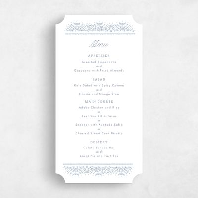 Blue Ticket Wedding Menu - Carmel