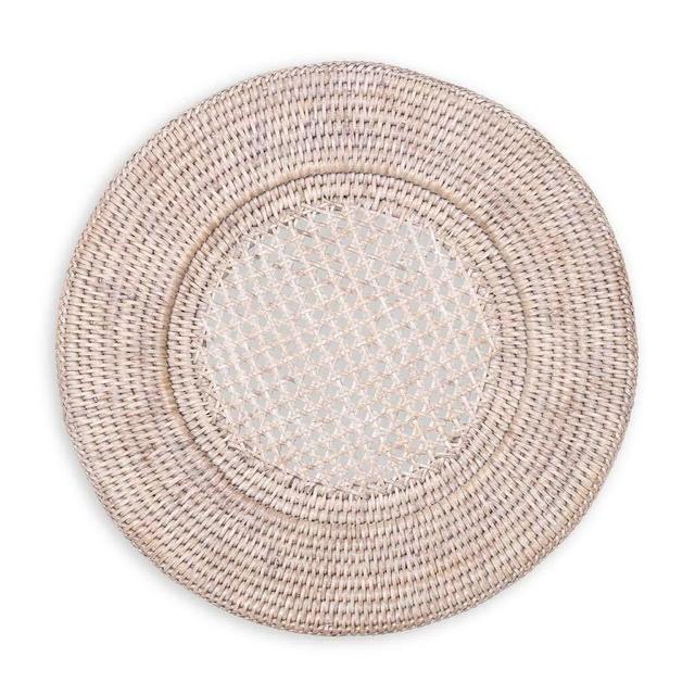 Caspari Rattan Round Plate Charger in White Natural, Set of 4