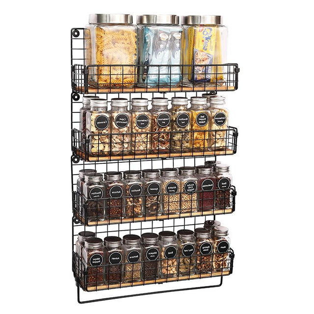 X-cosrack Wall Mounted Spice Rack with Towel Hanger 4 Tier Hanging Seasoning Jar Storage Rack Iron Wire & Wood Condiment Bottle Organizer Holder Rack Floating Shelf for Home Kitchen Bathroom
