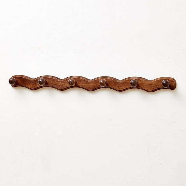 Wood Coat Rack Wall Mount - Walnut Coats Hook Hanger Wall-Mounted, Wave-Shaped Entryway Hanging Racks with 6 Hooks for Jacket Keys Hats Robes Towels Bags, Living Room Mudroom Bathroom Bedroom Hallway