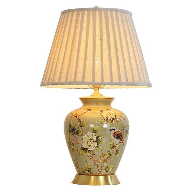 HUIBAOGONG American Flower and Bird Ceramic Table Lamp, Hand-Painted Chinoiserie Lamp, Fabric Lampshade Nightstand Lamp for Bedroom Living Room Office College Bookcase LED Bulbs Included