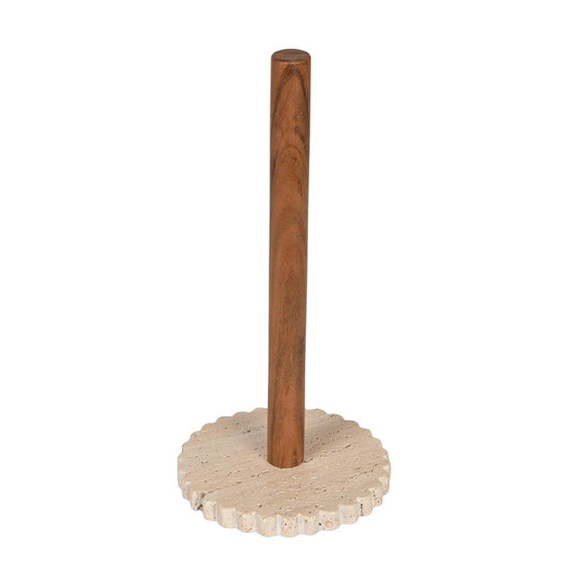 Bloomingville Acacia Wood Paper Towel Holder with Scalloped Travertine Base, Natural and Cream Color
