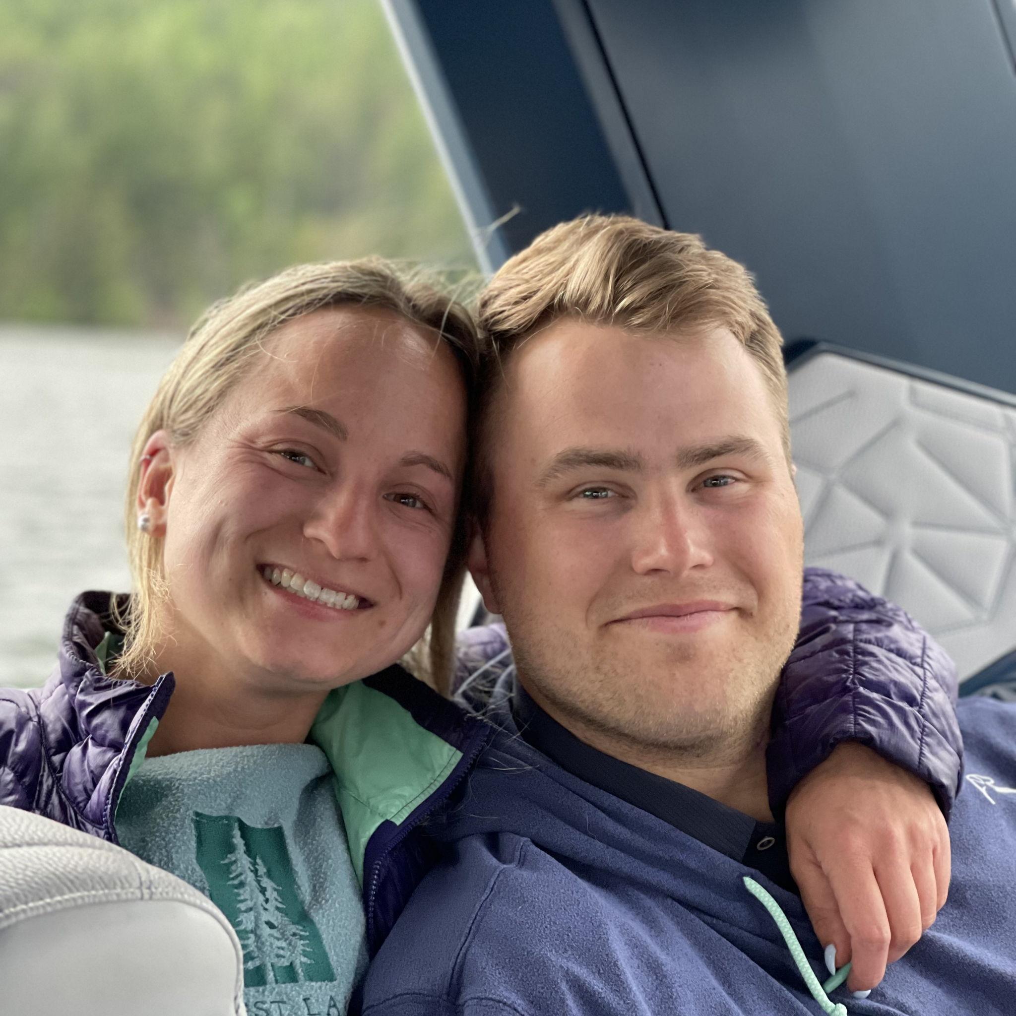 May 2023. Liam and Shannon on the boat at Priest Lake.