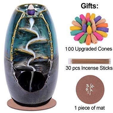 SPACEKEEPER Ceramic Backflow Incense Holder Waterfall Incense Burner, Aromatherapy Ornament Home Decor with 100 Backflow Incense Cones + 30 Incense Stick , Blue Set