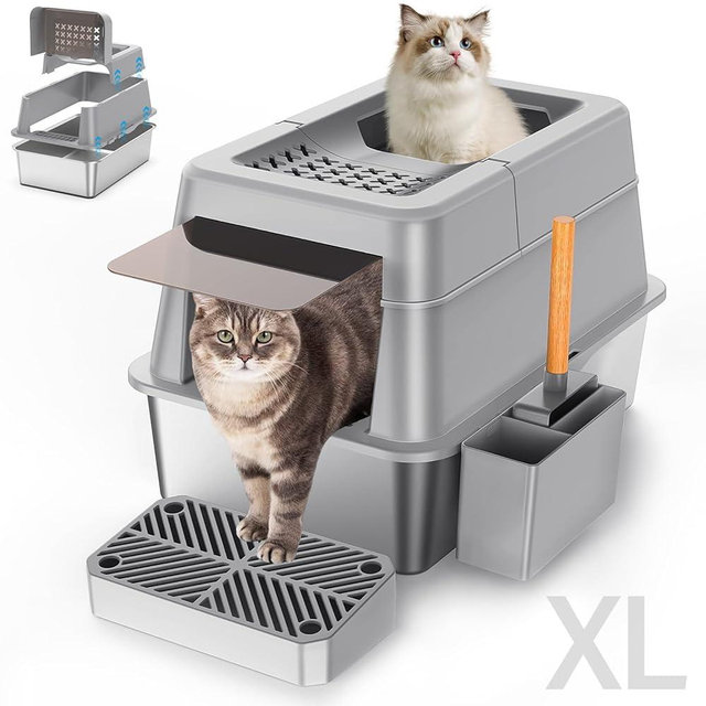 Stainless Steel Litter Box with Lid, XL Extra Large Enclosed Cat Litter Box for Big Cats 110° Flip Cover, Top Entry Metal High Sided Litter Box & Pedal & Scoop, Anti-Leakage (Grey)