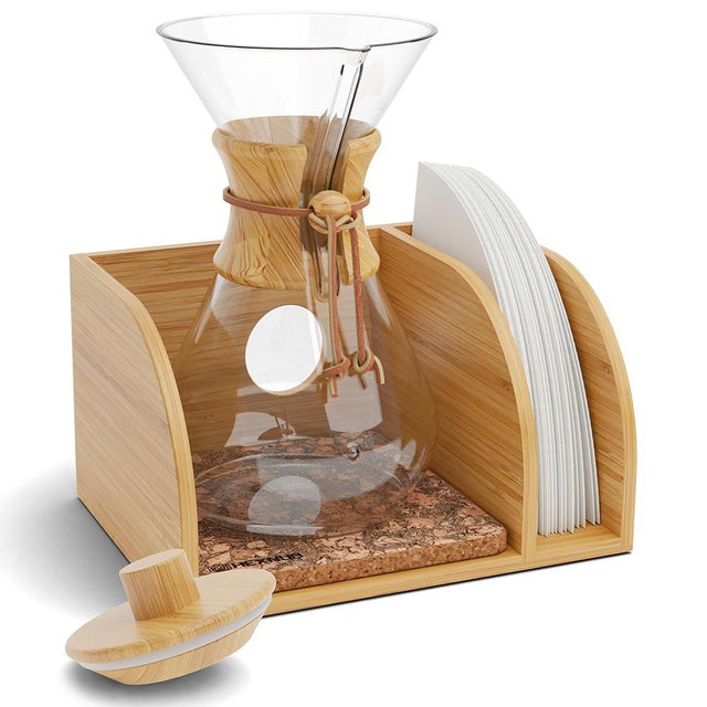 HEXNUB – Caddy and Lid for Pour Over Coffee Makers, Bamboo Stand fits Chemex, Bodum, Cosori Carafes, Heatproof Mat, Filter Holder for Coffee Brewing - Cork Mat