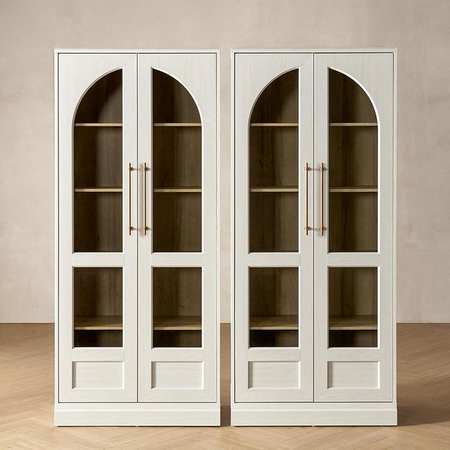 mopio Blake Tall Display Cabinet, Kitchen Buffet Pantry Cupboard, Trophy Display Case, Storage Cabinet Scratch Resistant Acrylic, Modern Farmhouse Curio Organizer (White Oak Arched, Set of 2)