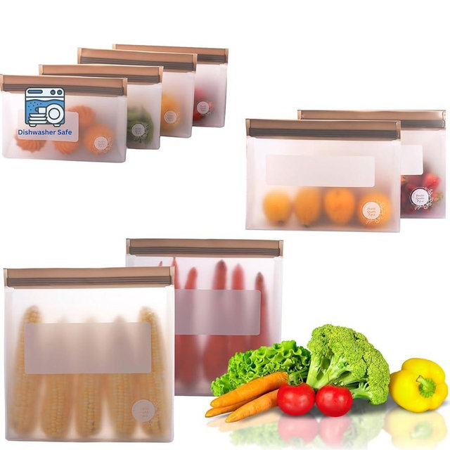 Reusable Food Storage Bags 8-Pack – BPA-Free Freezer & Dishwasher Safe, Leakproof Stand-Up Snack Bags 2 Gl + 2 L, 4 M– Eco-Friendly Airtight Ziplock Bags for Kitchen & Travel(Grey)
