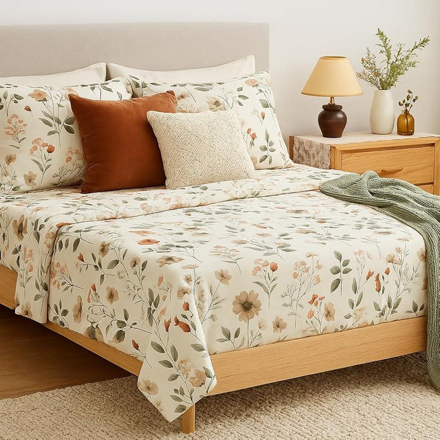 DaDalogy Bedding Enchanted Meadow Bed Sheet Set - Floral Harmony in Beige, Rose, and Soft Green, Premium Soft Microfiber, Machine Washable, Deep Pocket 14-15 Inches + Flat Sheet (California King)