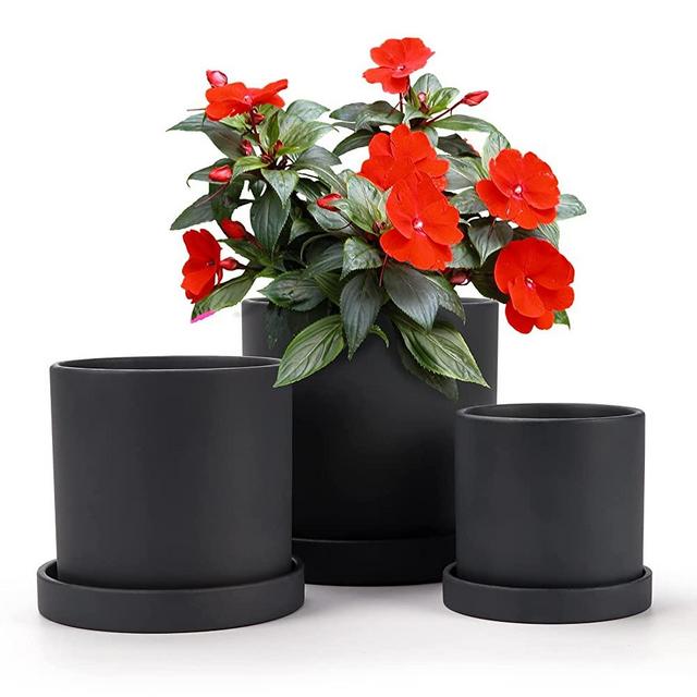 Plant Pots Set of 3, Ceramic Flower Pot Black Cylinder Planters with Drainage Hole and Tray for Indoor Outdoor Plants