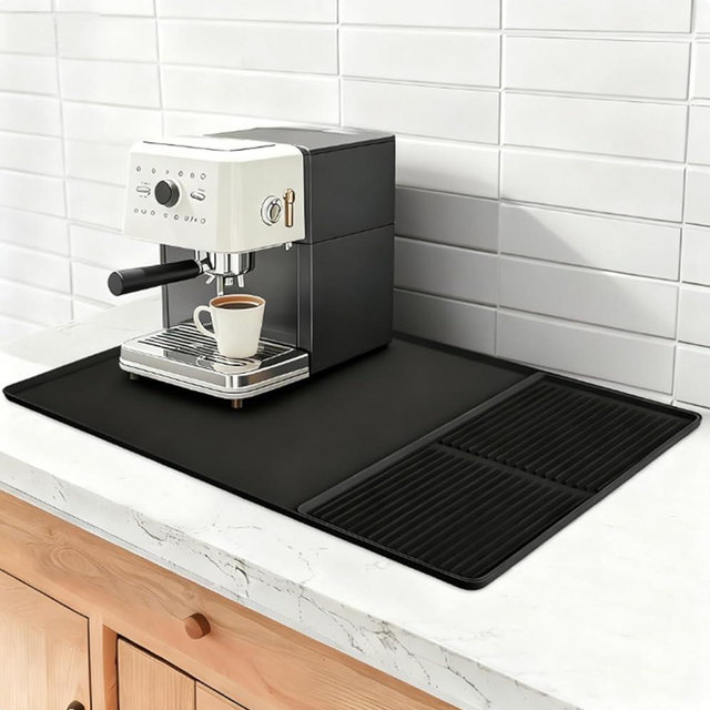Silicone Coffee Mat for Countertop 24" x 16"– Non-Slip Heat-Resistant Coffee Bar Mat with Raised Edge,Waterproof Dish Drying Mat for Espresso Machine,Compatible with Ninja Luxe Cafe ES601 & ES701