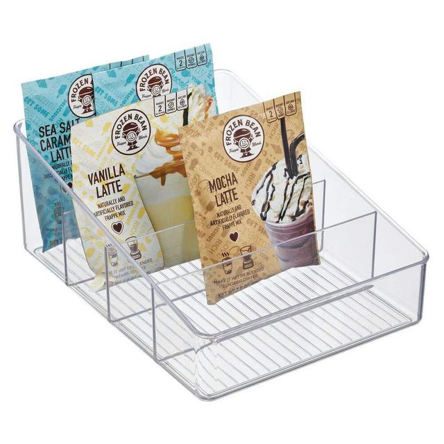 mDesign Plastic Food Packet Organizer Bin Caddy - 4 Divided Sections - Storage Station for Kitchen, Pantry, Cabinet, Countertop - Holder for Seasoning Packets, Pouches, Soups, Spices, Snacks - Clear
