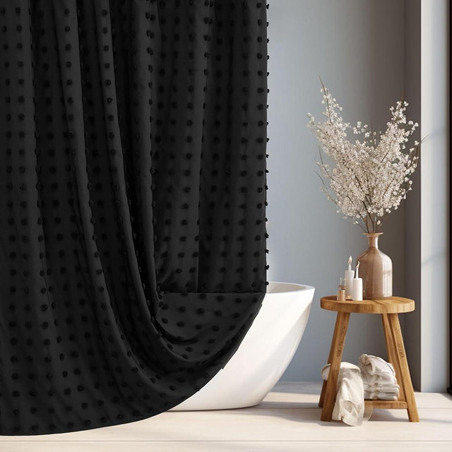 Siiluminisoy Black Boho Shower Curtain Woven Fabric Cute Shower Curtain, 72 x 72 Tufted Pleat Floral Textured Modern Farmhouse Minimalist Shower Curtain Set with Hooks for Bathroom