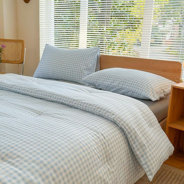NSNLGSGC King Size Comforter Set, Light Blue Gingham Bedding Comforter Sets, Blue Grid Bed Comforter 3 Pieces (1 Comforter, 2 Pillowcases)
