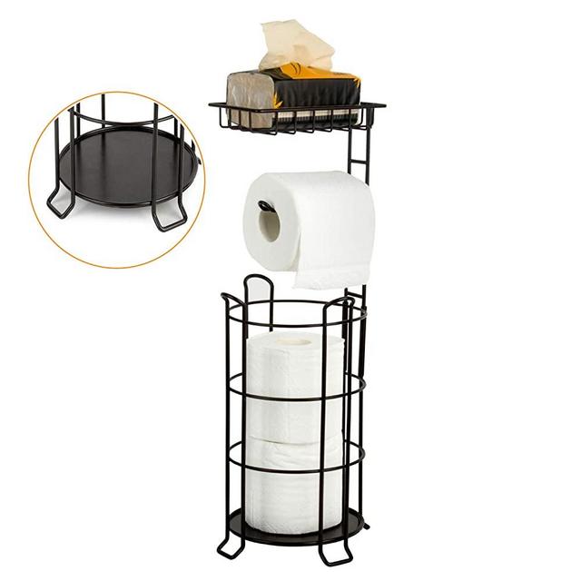 [Upgrade] Toilet Paper Holder Stand Bathroom Tissue Holders Free Standing with Top Shelf Storage Mega Rolls/Phone/Wipe-Bronze