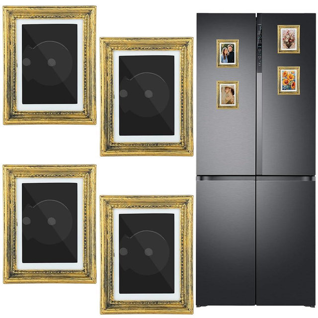 XIAOSTONE Magnetic Photo Frames for Refrigerator 4 Pcs,Vintage Mini Fridge Magnets Picture Frame 3.54 x 2.75 Inch(Gold)