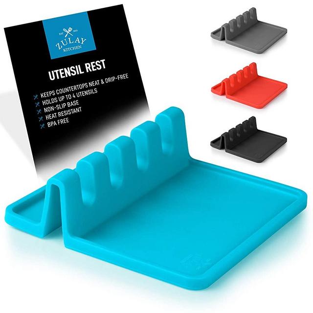 Silicone Utensil Rest with Drip Pad for Multiple Utensils, Heat-Resistant, BPA-Free Spoon Rest & Spoon Holder for Stove Top, Kitchen Utensil Holder for Spoons, Ladles, Tongs & More - by Zulay (Blue)