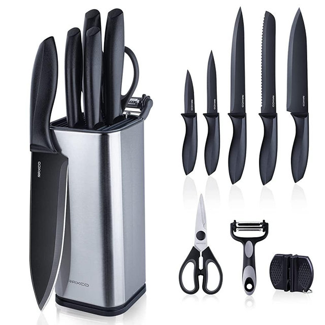 10 Pieces Black Kitchen Knife Set with Block, 5-Piece Stainless Steel Chef Knives, with Scissors Vegetable Peeler Knife Sharpeners Removable Towel Holder