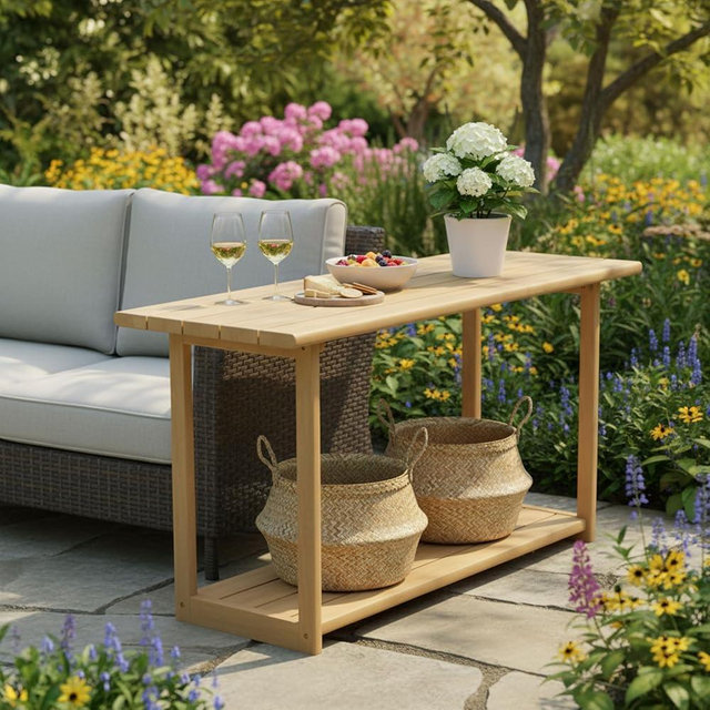 THINK 30 Woodside Patio Bar Table with Shelf, Rectangular Outdoor Buffet & Console Table, Light Teak