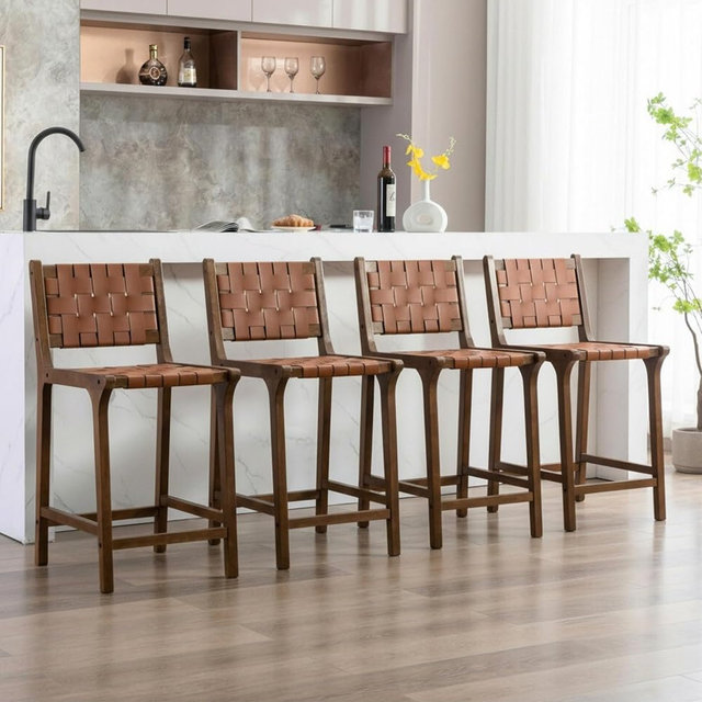 DM Furniture 23.5" Bar Stools Set of 4 Faux Leather Woven Strips Counter Height Barstools Wood Straps Bar Chair with Back for Home Kitchen Island/Dining, Brown