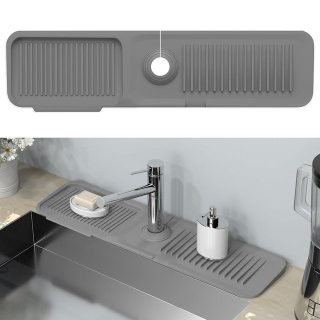 Kitchen Sink Splash Guard Behind Faucet 24 x 5.5 Inch, Toovem Faucet Handle Drip Catcher Tray, Longer Silicone Sink Faucet Mat, Dish Soap Sponge Holder for Bathroom, Farmhouse, Bar, Rv, Grey