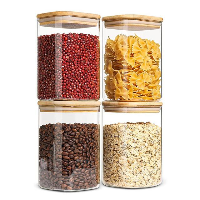 ComSaf Airtight Glass Storage Canister with Wood Lid (37oz), Clear Food Storage Container Jar with Sealing Bamboo Lid for Noodles Flour Cereal Rice Sugar Tea Coffee Beans, Square Set of 4