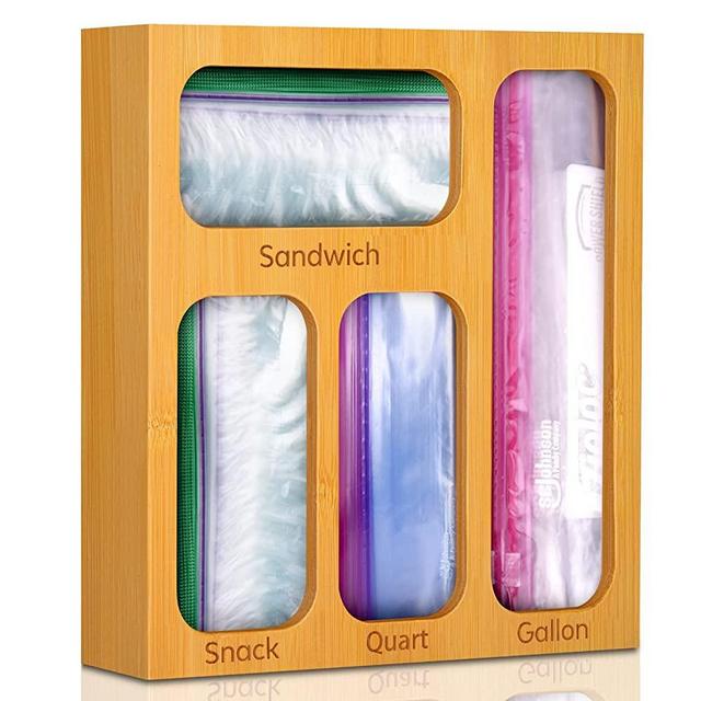 buways Food Storage Bag Organizer, Bamboo Baggie Organizer for Ziplock Bag, Wall-Mount Ziplock Organizer, Kitchen Drawer Organization Compatible with Ziplock, Gallon,Quart,Sandwich & Variety Size Bags