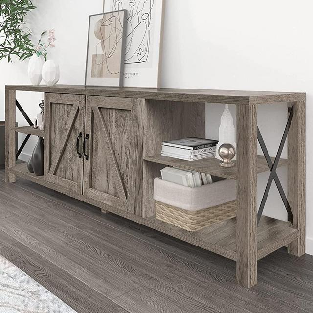 Farmhouse 68" TV Stand Barn Door Entertainment Center, Modern Wood TV Console Table with Storage Cabinets and Shelves for TVs Up to 78", Rustic Gray Wash