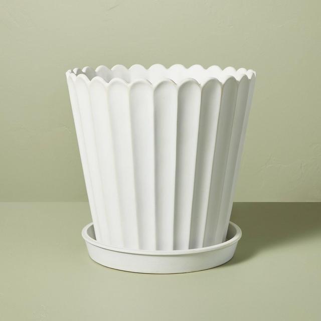 Large Scallop-Fluted Stoneware Outdoor Planter Pot with Saucer Cream - Hearth & Hand™ with Magnolia