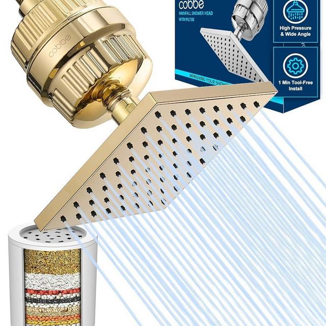 Cobbe High Pressure Filtered Shower Head Combo, Rain Shower Head with 20 Stage Shower Head Filter for Hard Water - Adjustable Replacement Remove Chlorine and Harmful Substances, Gold