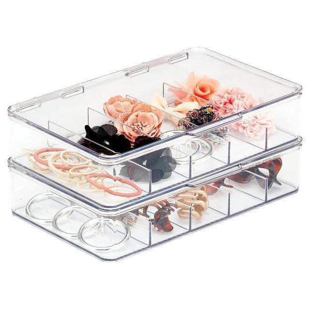 mDesign Plastic Divided Stackable Hair, Makeup & Jewelry Organizer Box with Hinge Lid for Bathroom Vanity Countertop - 5 Sections - Stores Hair Clips, Barrettes - Ligne Collection - 2 Pack - Clear