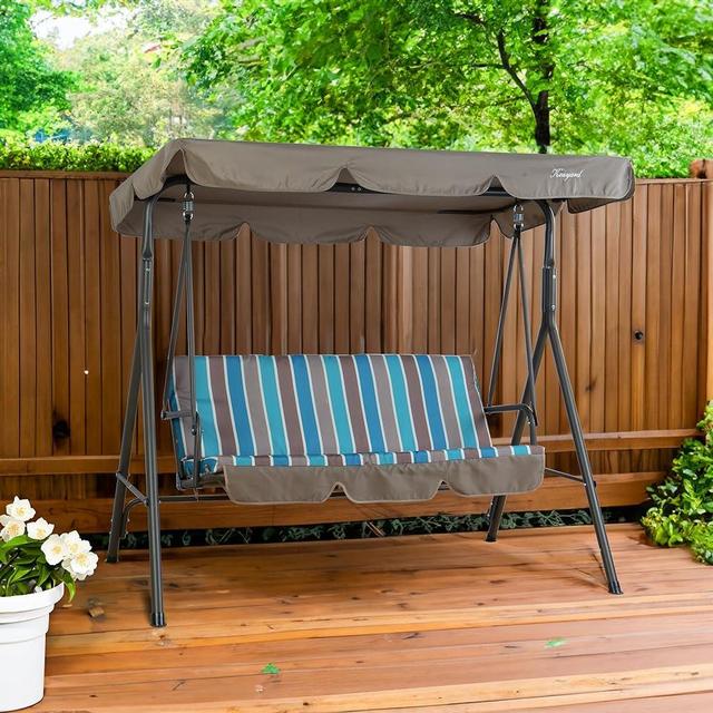 Kozyard Alicia Patio Swing Chair - Comfortable 3 Cushion Seats with Strong Steel Frame, Adjustable Canopy and Removable Cushion Ideal Glider Swing for Outdoors Garden Poolside, Balcony (Blue Stripe)