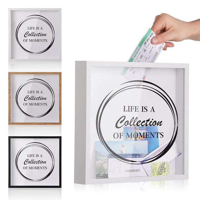 MUXIUNT Travel Adventure Challenge Archive Shadow Box Picture Frame with Slot,8&12In Travel Ticket Card Memory Box for Keepsake Box,Top Loading Shadow Box Display Case Travel decor Gift (White,12x12in