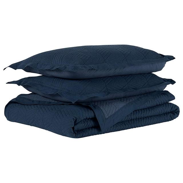 ST-65905 - Rivet Modern Stone Washed Textured Geo Coverlet Full/Queen Set, 90" x 90", Indigo