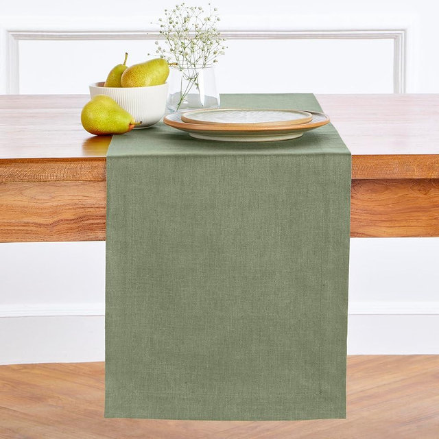 Solino Home Linen Table Runner 90 Inches Long – 100% Pure Linen Oil Green Table Runner 14 x 90 Inch – Machine Washable Dining Table Runner – Fete