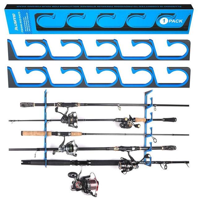 PLUSINNO H5 Horizontal Fishing Rod/Pole Holders for Garage, Wall or Ceiling Mounted Fishing Rod Rack, Aviation Aluminum Fishing Holder Holds up to 5/10/20 Rod or Combos or Nets Storage Racks