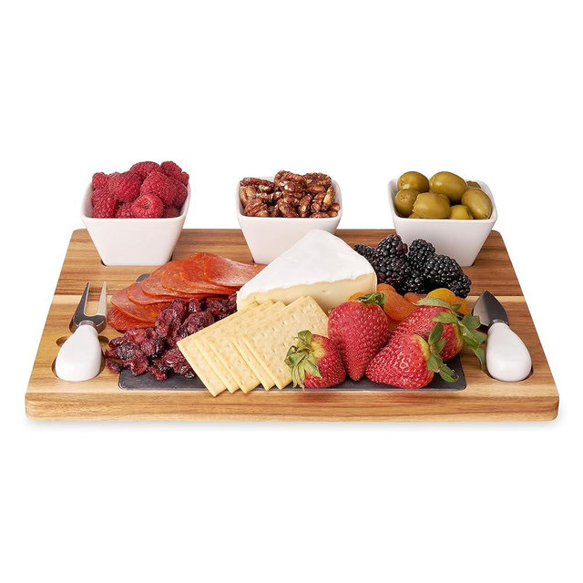 Twine Acacia & Slate Cheese Board Set - Charcuterie Board Bowls and Knives - Slate Cheese Tray Wood Cheese Board - 7-Piece Set of 1, Brown