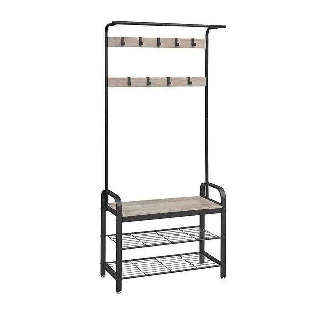 VASAGLE Coat Rack, Hall Tree with Shoe Bench for Entryway, Entryway Bench with Coat Rack, 4-in-1, with 9 Removable Hooks, a Hanging Rod, 13.3 x 33.1 x 72.1 Inches, Greige and Black UHSR400B02