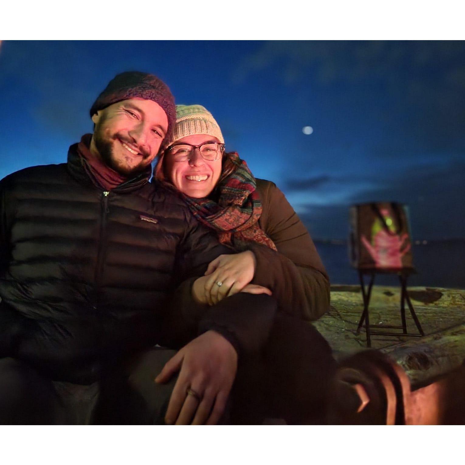 April 2022: Celebrating Alicia's birthday at Alki beach in Seattle with a bonfire and friends