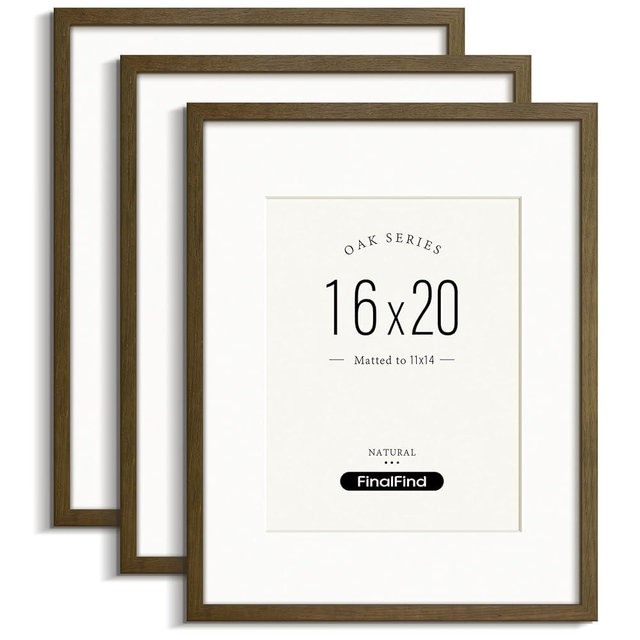 FinalFind Minimalist 16x20 Picture Frame with Mat for 11x14, Brown Walnut, Solid Wood 16x20 Frames for Posters or Art Prints, Lightweight for Wall Mount (3 Pack, Walnut)