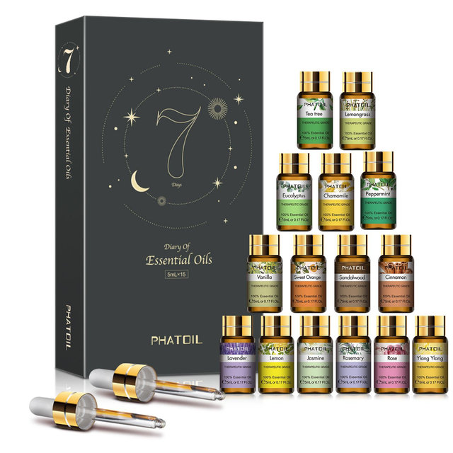 PHATOIL Aromatherapy Essential Oil Gift Set,Lavender,Eucalyptus,Ylang Ylang,Vanilla,Peppermint,5ml 15-Pack