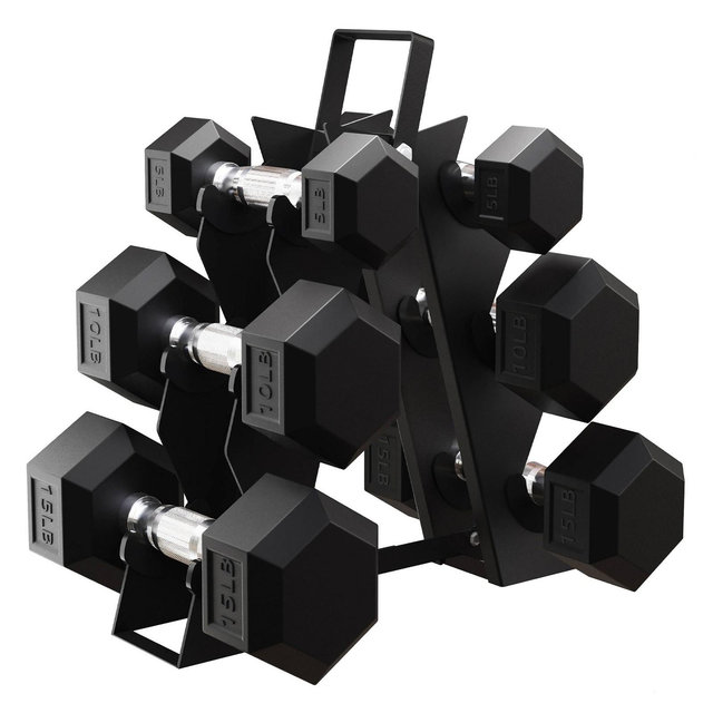 BalanceFrom Fitness Signature Alloy Steel Rubber Encased Hex Textured Dumbbell Workout Set w/Rack and 3 Pairs of 5, 10, and 15 Pound Weights, Black