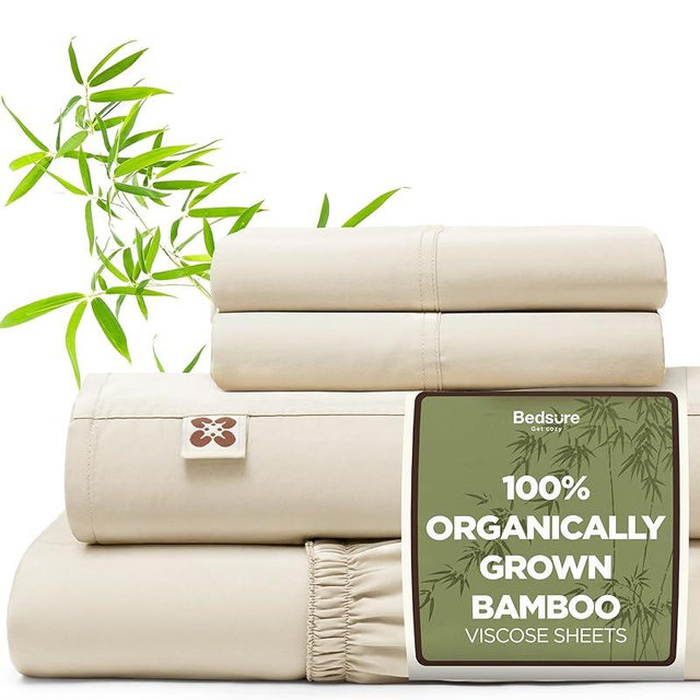 Bedsure 100% Organically Grown Bamboo Viscose Sheets - 18 Inches Deep Pocket Sheets with Elastic Corner, King Size Sheets Set, Ultra-Soft, Silky & Cooling Bedsheets, Oeko-Tex, 4 Pieces, Beige