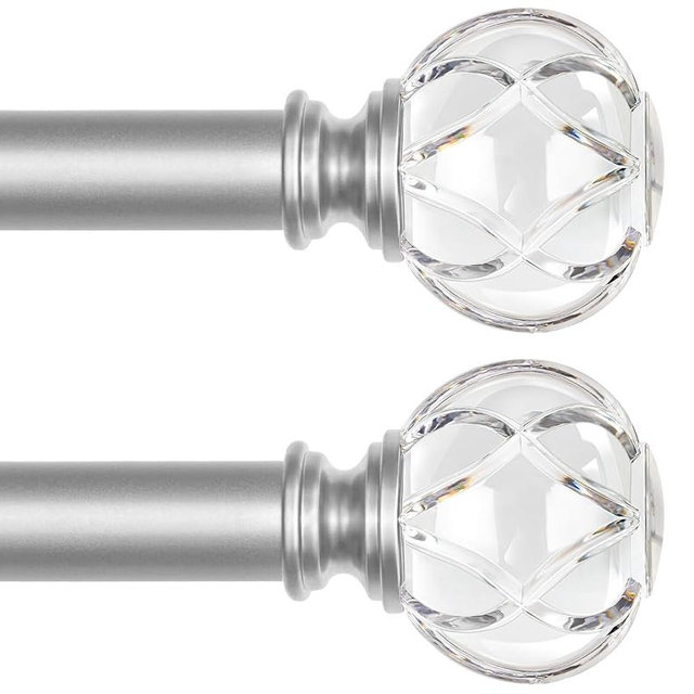 KAMANINA 1 Inch Curtain Rods 32 to 58 Inches (2.6-4.8 Feet) Telescoping Silver Curtain Rod for Windows, 2 Pack Decorative Drapery Rod with Crystal Netted Texture Ends