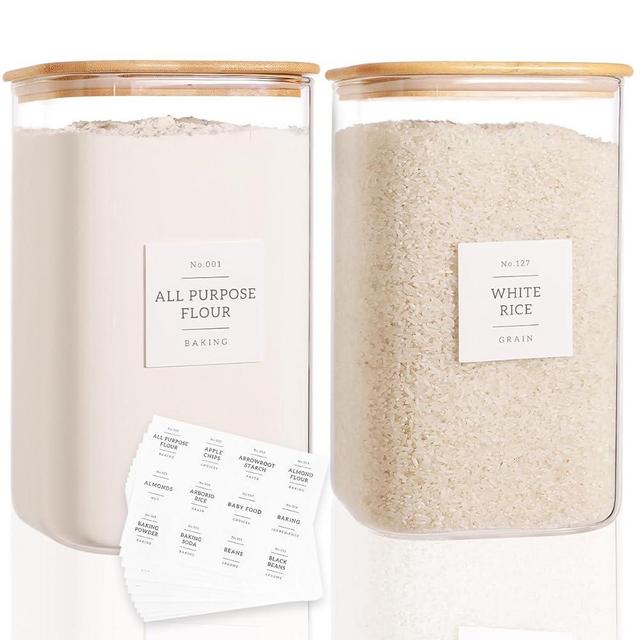 2 Pack Square Glass Flour and Sugar Containers with 132 Kitchen Pantry Labels - Thicken 149 FL OZ Large Glass Storage Jars with Airtight Bamboo Lid - Big Food Canisters for Rice, Pasta, Cookie
