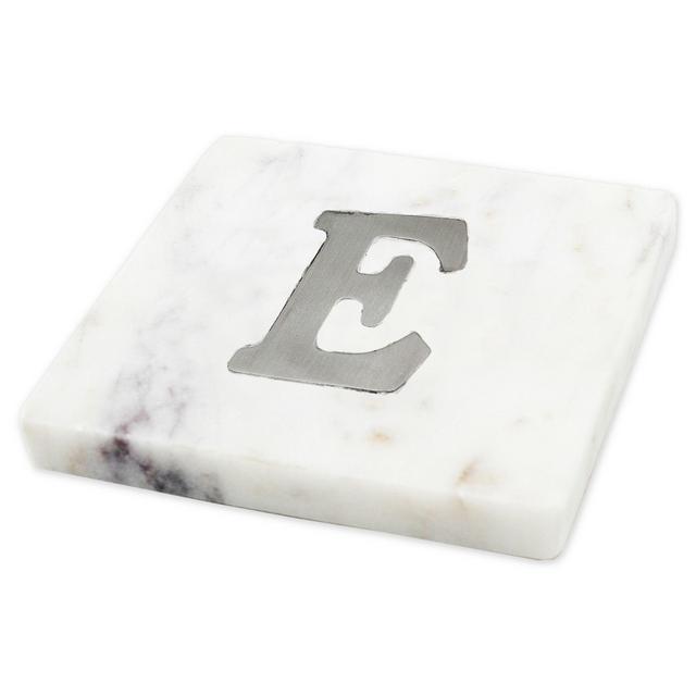 Jodhpuri White Marble Coaster with Steel Monogram "E" (Set of 4)